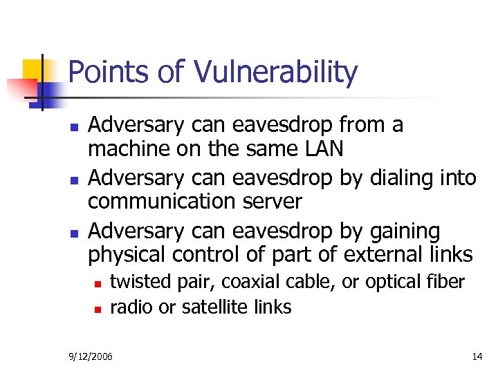 Points of Vulnerability n n n Adversary can eavesdrop from a machine on the