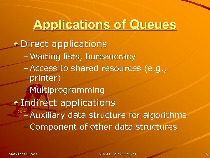 Applications of Queues Direct applications – Waiting lists, bureaucracy – Access to shared resources