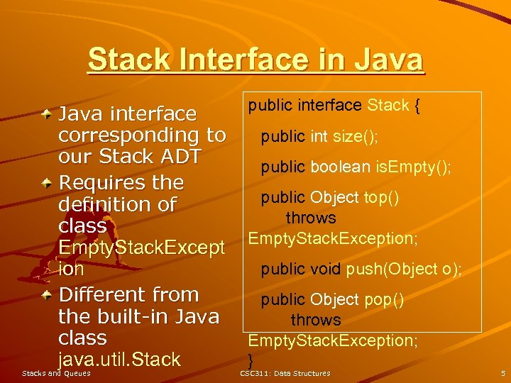 Stack Interface in Java interface corresponding to our Stack ADT Requires the definition of