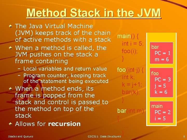 Method Stack in the JVM The Java Virtual Machine (JVM) keeps track of the