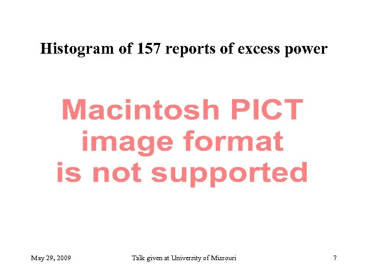 Histogram of 157 reports of excess power May 29, 2009 Talk given at University