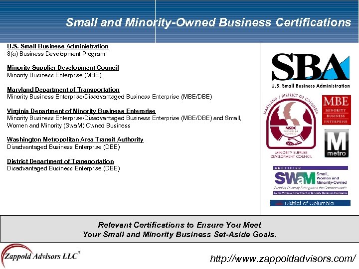 Small and Minority-Owned Business Certifications U. S. Small Business Administration 8(a) Business Development Program