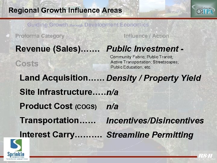 Regional Growth Influence Areas Guiding Growth through Development Economics Proforma Category Influence / Action