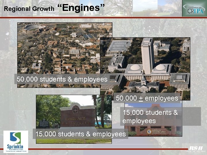 Regional Growth “Engines” 50, 000 students & employees 50, 000 + employees 15, 000