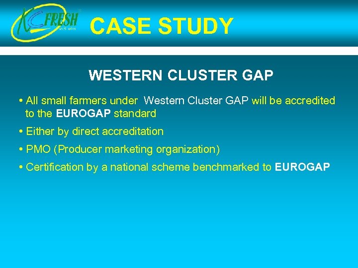CASE STUDY WESTERN CLUSTER GAP • All small farmers under Western Cluster GAP will