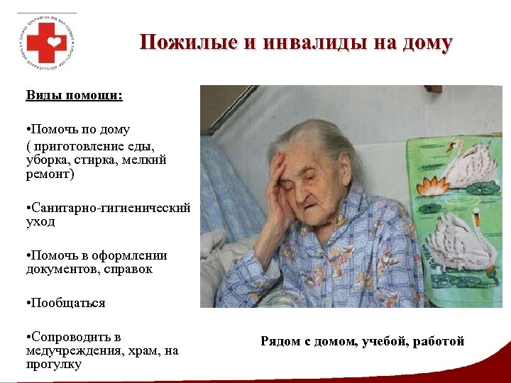 Пожилые и инвалиды на дому Виды помощи: • Помочь по дому ( приготовление еды,