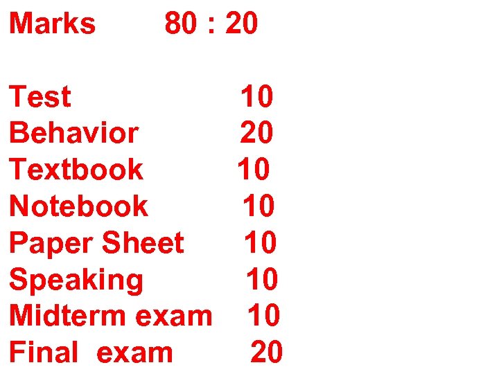 Marks 80 : 20 Test Behavior Textbook Notebook Paper Sheet Speaking Midterm exam Final