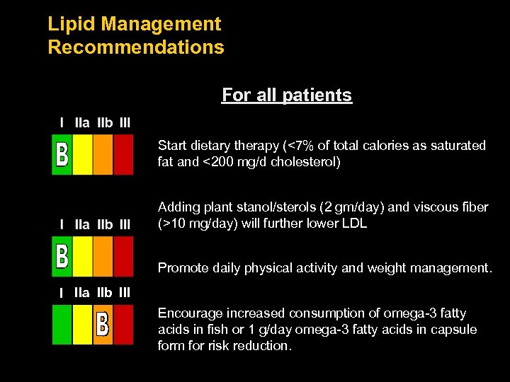 Lipid Management Recommendations For all patients Start dietary therapy (<7% of total calories as