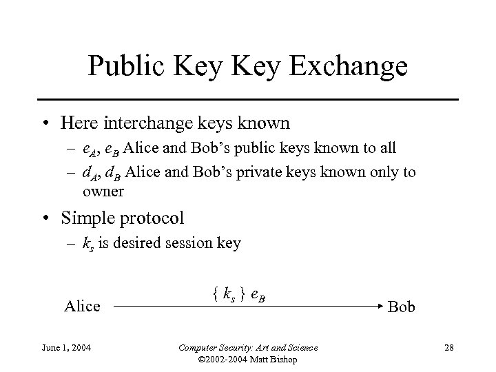 Public Key Exchange • Here interchange keys known – e. A, e. B Alice