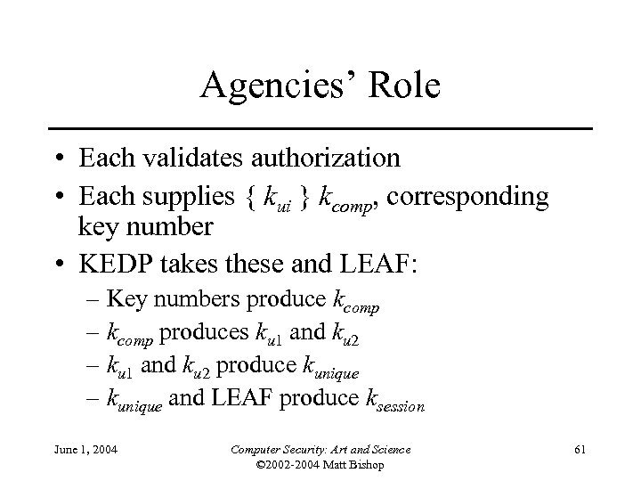 Agencies’ Role • Each validates authorization • Each supplies { kui } kcomp, corresponding