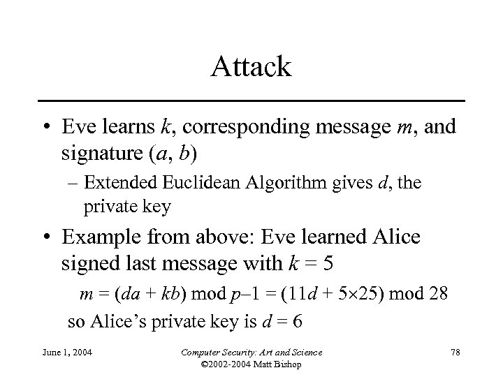 Attack • Eve learns k, corresponding message m, and signature (a, b) – Extended