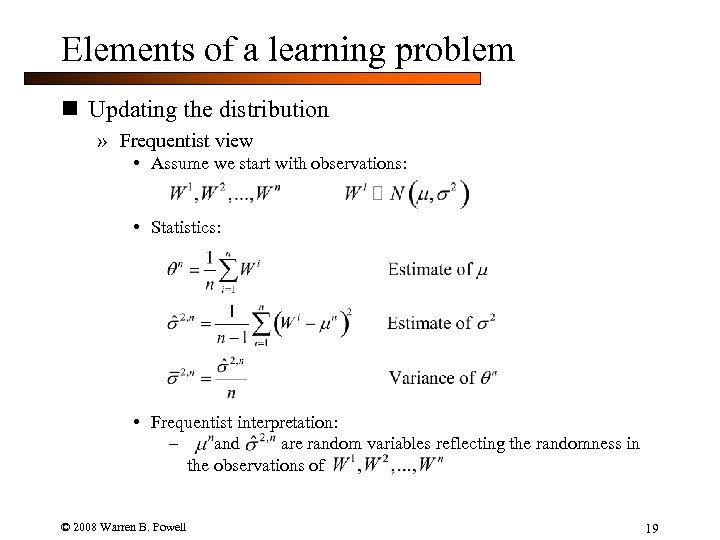 Elements of a learning problem n Updating the distribution » Frequentist view • Assume