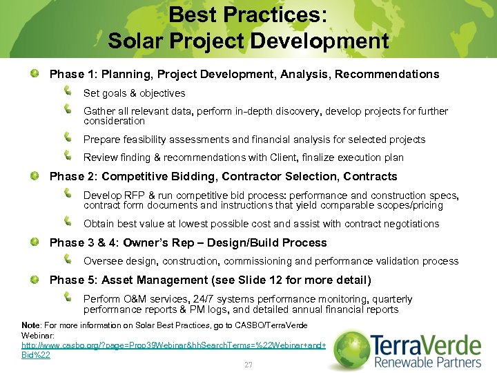 Best Practices: Solar Project Development Phase 1: Planning, Project Development, Analysis, Recommendations Set goals