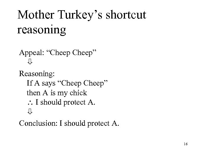 Mother Turkey’s shortcut reasoning Appeal: “Cheep” Reasoning: If A says “Cheep” then A is