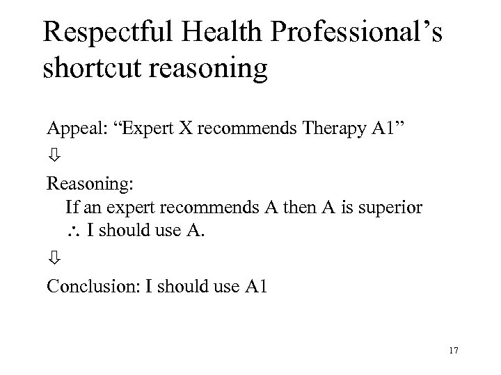 Respectful Health Professional’s shortcut reasoning Appeal: “Expert X recommends Therapy A 1” Reasoning: If