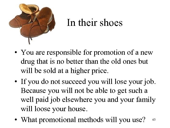 In their shoes • You are responsible for promotion of a new drug that