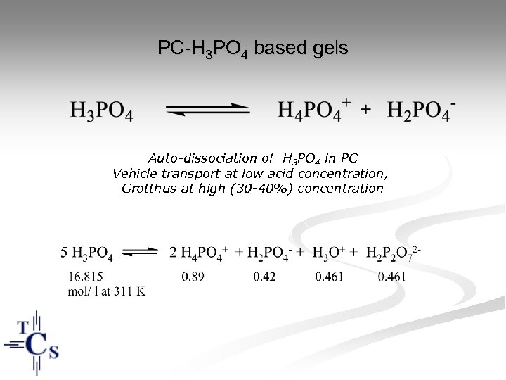 PC-H 3 PO 4 based gels Auto-dissociation of H 3 PO 4 in PC