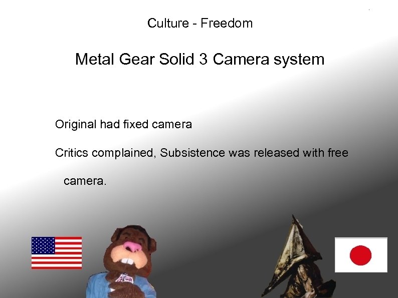 Culture - Freedom Metal Gear Solid 3 Camera system Original had fixed camera Critics