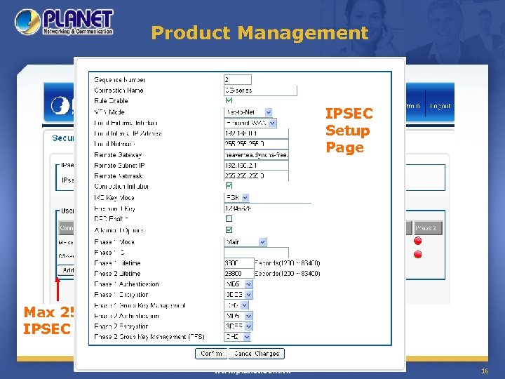 Product Management IPSEC Setup Page Max 25 IPSEC rules 16 
