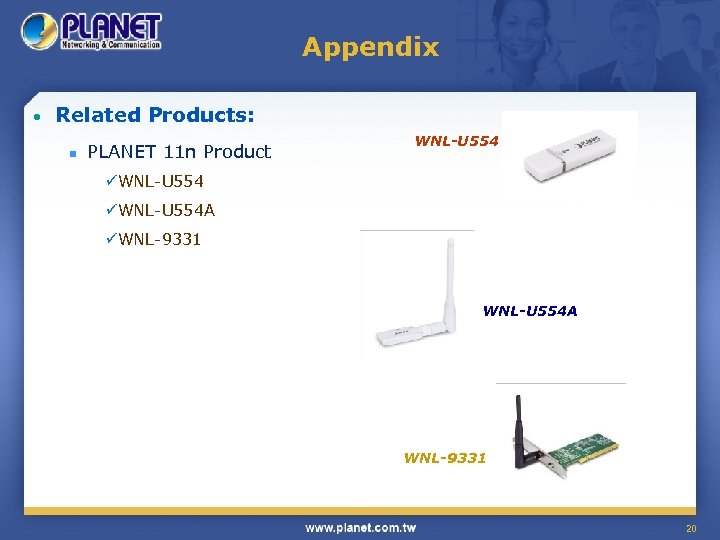 Appendix • Related Products: n PLANET 11 n Product WNL-U 554 üWNL-U 554 A