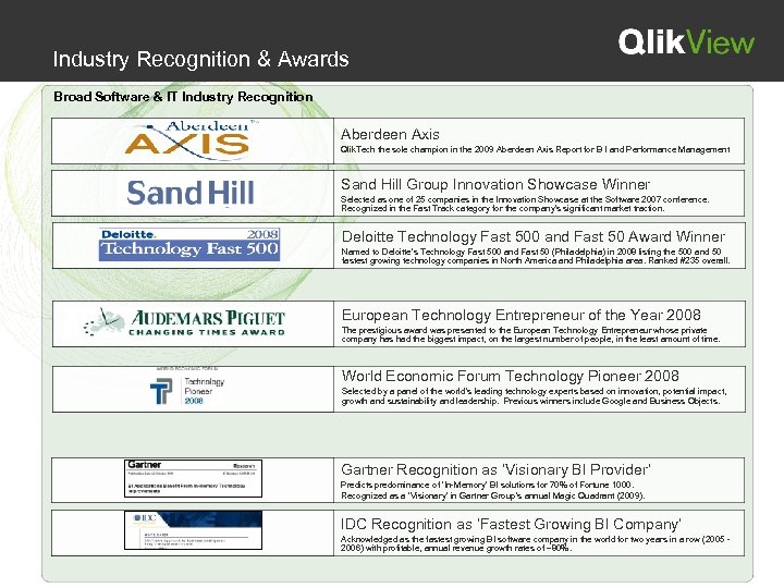 Industry Recognition & Awards Broad Software & IT Industry Recognition Aberdeen Axis Qlik. Tech