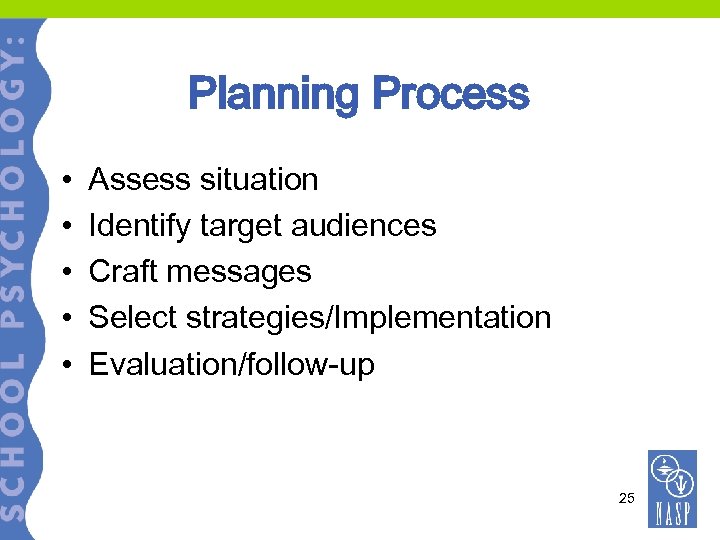 Planning Process • • • Assess situation Identify target audiences Craft messages Select strategies/Implementation