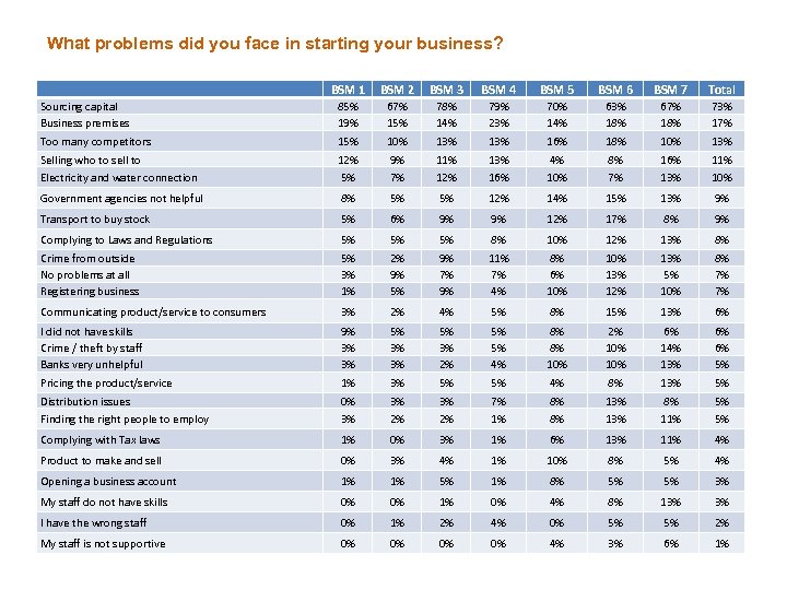 What problems did you face in starting your business? BSM 1 BSM 2 BSM