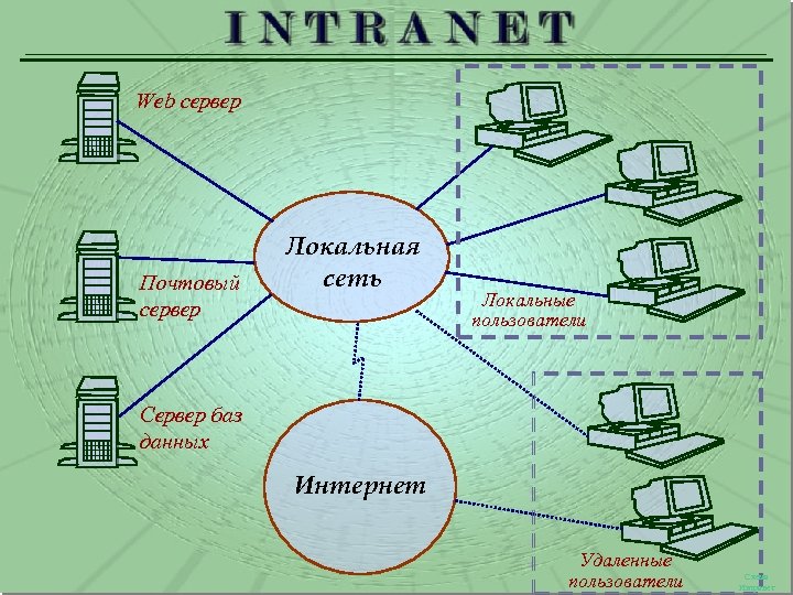 Web сервер Почтовый сервер Локальная сеть Локальные пользователи Сервер баз данных Интернет Удаленные пользователи