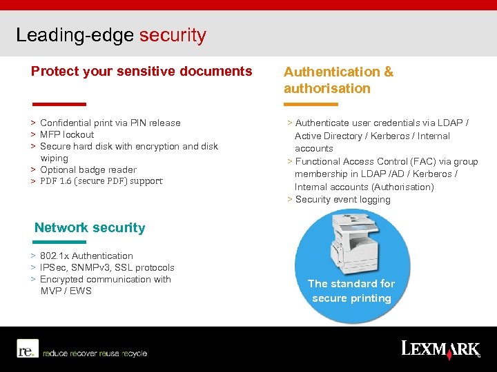 Leading-edge security Protect your sensitive documents Authentication & authorisation > Confidential print via PIN