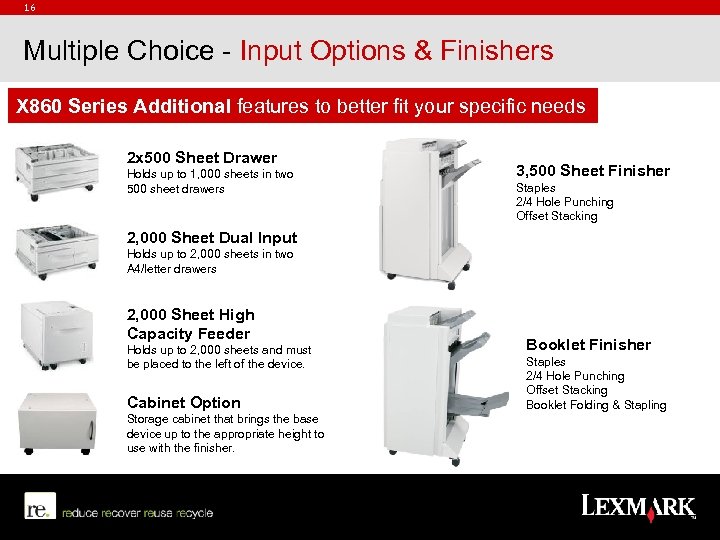 16 Multiple Choice - Input Options & Finishers X 860 Series Additional features to