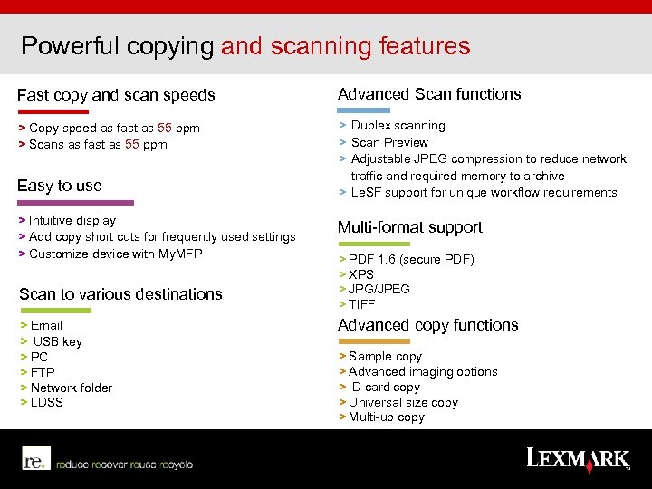Powerful copying and scanning features Fast copy and scan speeds Advanced Scan functions >
