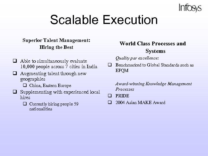 Scalable Execution Superior Talent Management: Hiring the Best q Able to simultaneously evaluate 10,