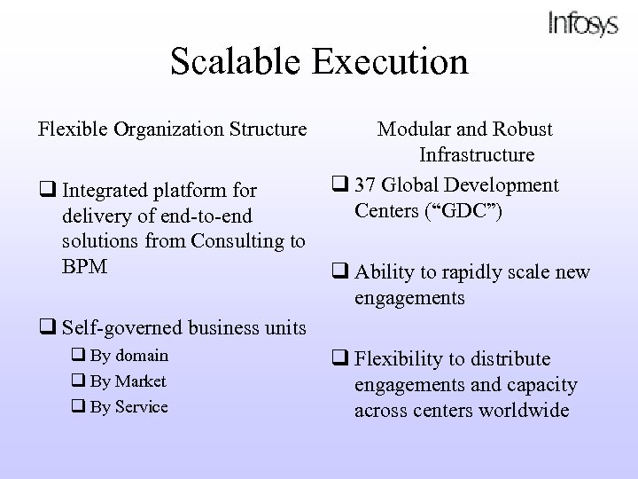 Scalable Execution Flexible Organization Structure Modular and Robust Infrastructure q 37 Global Development Centers
