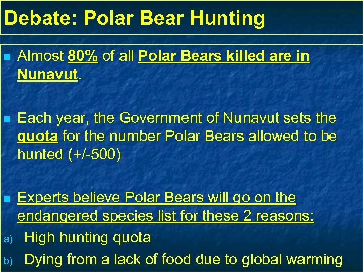 Debate: Polar Bear Hunting n Almost 80% of all Polar Bears killed are in