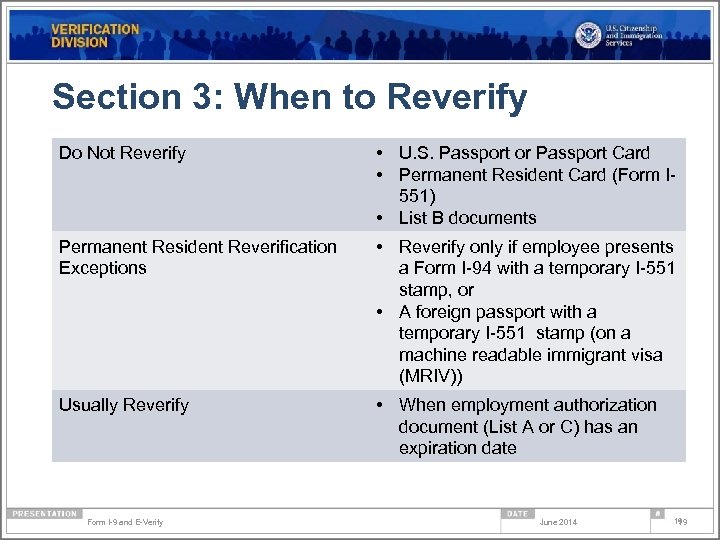Section 3: When to Reverify Do Not Reverify • U. S. Passport or Passport