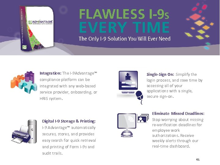 Integration: The I-9 Advantage™ compliance platform can be integrated with any web-based service provider,