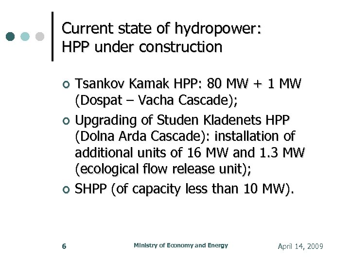 Current state of hydropower: HPP under construction Tsankov Kamak HPP: 80 MW + 1