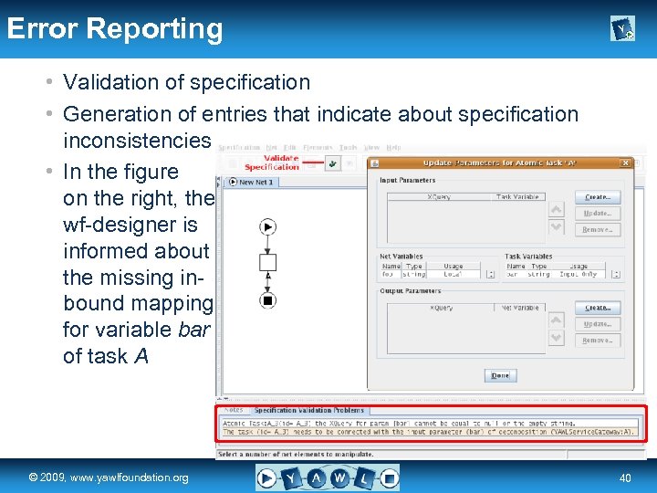 Error Reporting • Validation of specification • Generation of entries that indicate about specification
