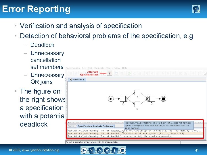 Error Reporting • Verification and analysis of specification • Detection of behavioral problems of