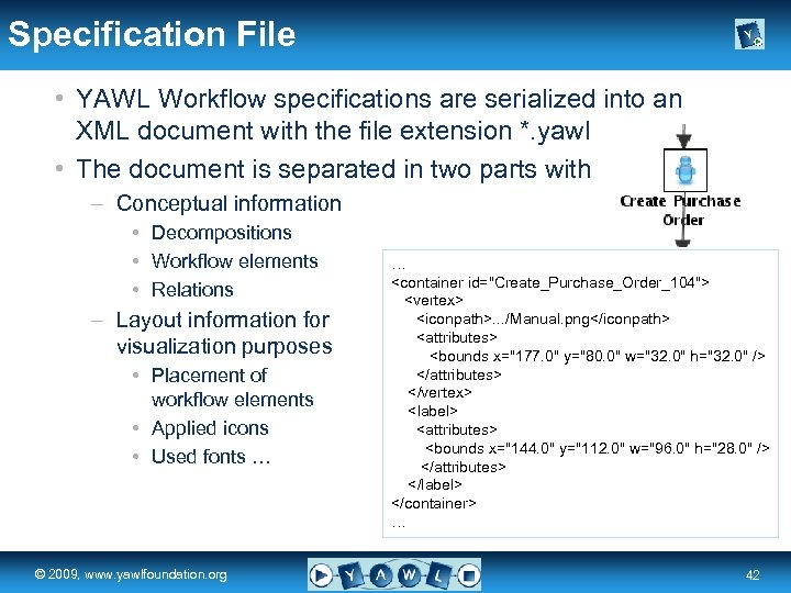 Specification File • YAWL Workflow specifications are serialized into an XML document with the