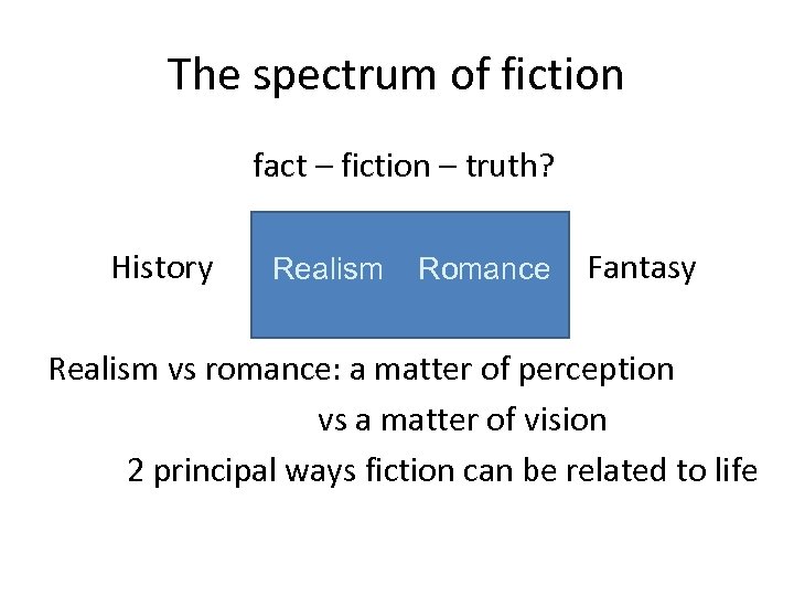 The spectrum of fiction fact – fiction – truth? History Realism Romance Fantasy Romance