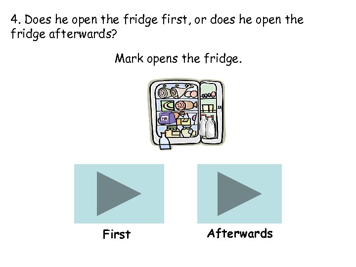 4. Does he open the fridge first, or does he open the fridge afterwards?