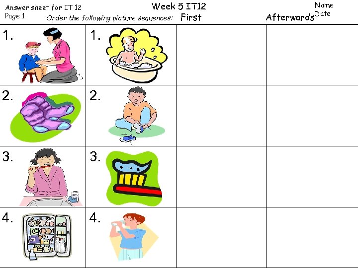 Week Answer sheet for IT 12 Page 1 Order the following picture sequences: 1.