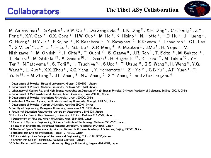 Collaborators The Tibet ASγ Collaboration M. Amenomori 1　, S. Ayabe 2　, S. W. Cui