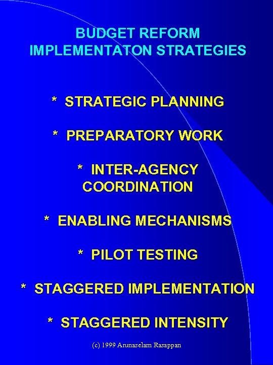 BUDGET REFORM IMPLEMENTATON STRATEGIES * STRATEGIC PLANNING * PREPARATORY WORK * INTER-AGENCY COORDINATION *