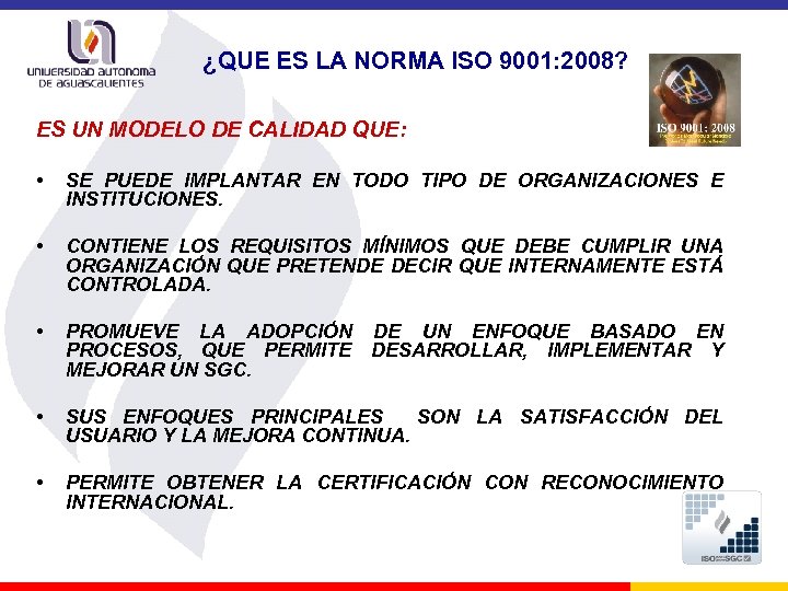 ¿QUE ES LA NORMA ISO 9001: 2008? ES UN MODELO DE CALIDAD QUE: •