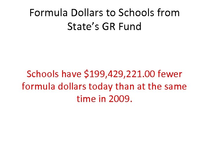 Formula Dollars to Schools from State’s GR Fund Schools have $199, 429, 221. 00