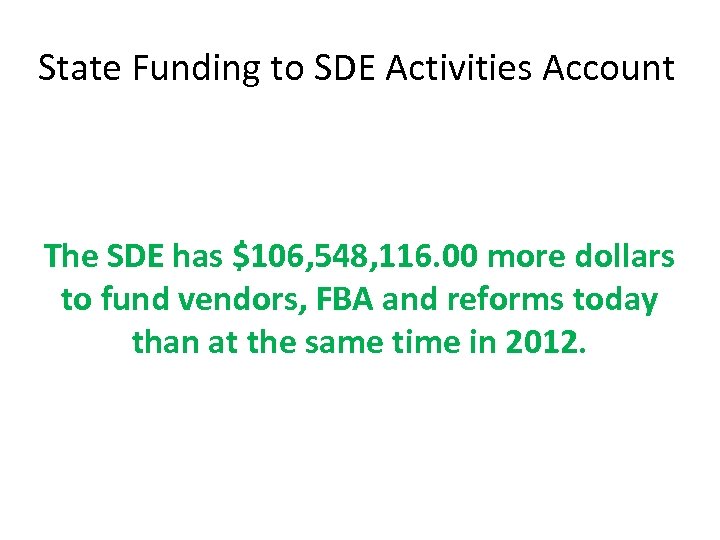 State Funding to SDE Activities Account The SDE has $106, 548, 116. 00 more