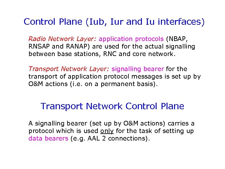 Control Plane (Iub, Iur and Iu interfaces) Radio Network Layer: application protocols (NBAP, RNSAP