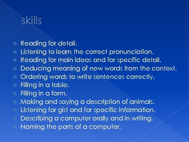 skills Reading for detail. Listening to learn the correct pronunciation. Reading for main ideas